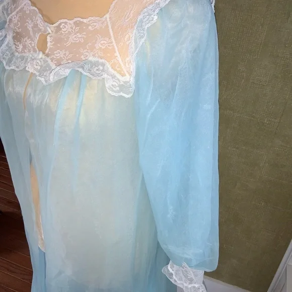 Vintage Vassarette Baby Blue Sheer Open Front Robe/Housecoat with Lace Sz Small - Picture 6 of 16
